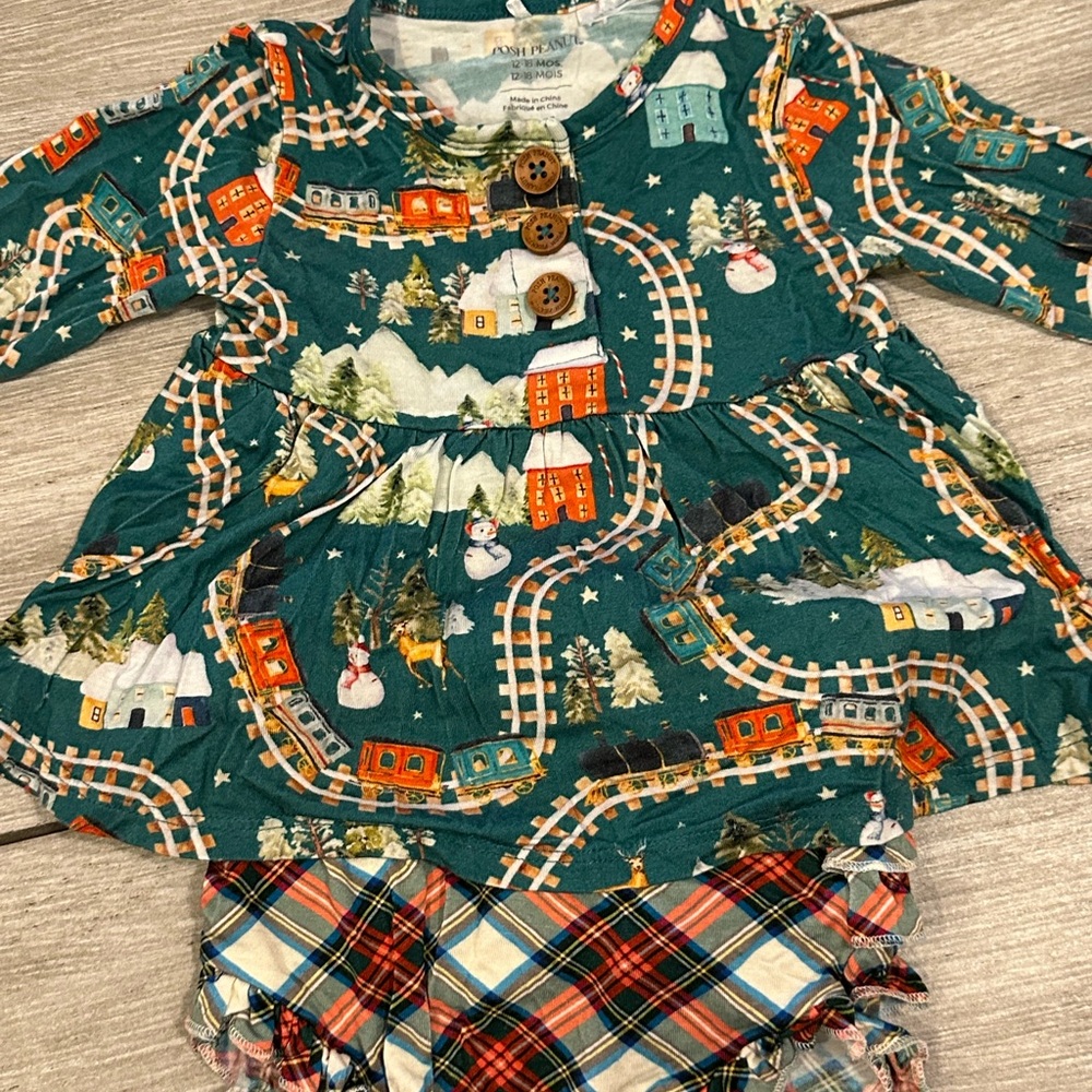 Posh Peanut Holiday Train Top with Plaid Bloomers